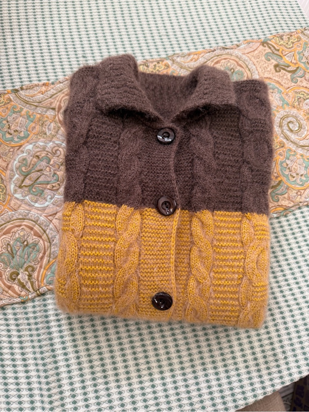 VTG Colorblock Cable Knit Short Sleeve Cardigan Brown Mustard Cottagecore Large - Picture 13 of 16